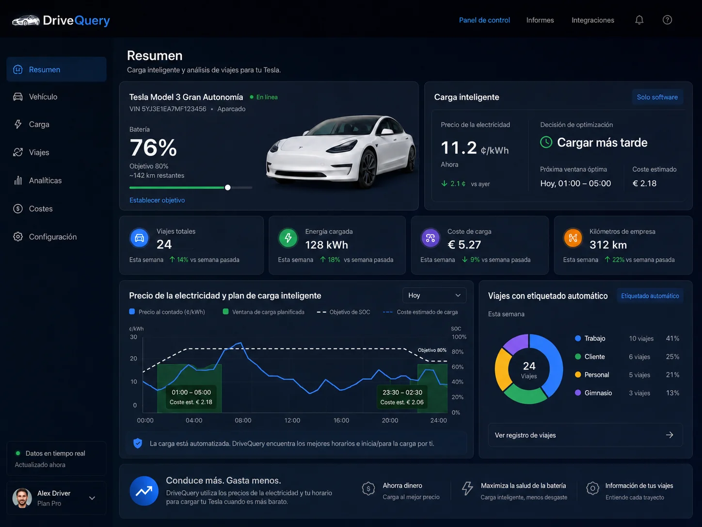 DriveQuery muestra datos de batería y carga Tesla para planificar la recarga